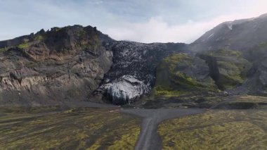 Volkanik kaya ve yosunlara karşı siyah ve beyaz çizgileri olan bir buzulun havadan görünüşü. Kamera yosunlarla kaplı düz ve engebeli bir arazide hareket ediyor..