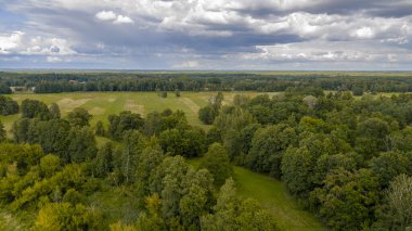 Polonya 'nın Nowy Lubiel kentindeki bulutlu gökyüzü altında düzgünce bölünmüş tarlalara doğru ilerleyen yoğun yeşil ormanlar orman ufkuna sahiptir..
