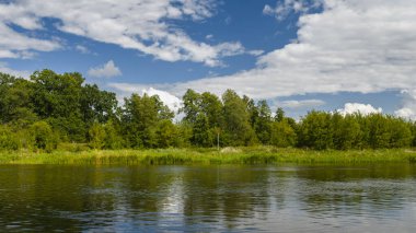 Polonya 'nın Nowy Lubiel kentindeki yoğun yeşil bitki örtüsünden sakin bir nehir akar. Ağaçlar ve çalılar nehir kıyısında, kırmızı ve beyaz bir direk görünür..