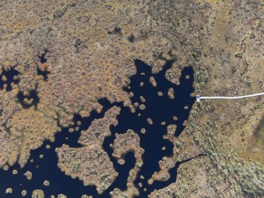 Yelnya Doğa Rezervi, Belarus 'un hava görüntüleri su kanallarını, küçük gölleri, yosun kaplı bezelyeleri ve sağda dar bir tahta yolu gösteriyor..