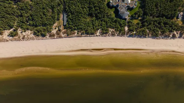 Litvanya 'nın Palanga kentindeki Baltık Denizi sahili, beyaz kum, yeşil turkuaz su, yoğun çam ormanı ve kıyıya yakın bir geometrik bina..