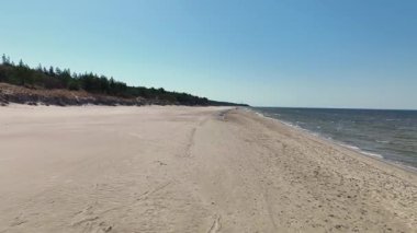 Palanga Sahili, Litvanya boyunca yavaş bir tava, açık bir gökyüzü altında altın kum, yeşil ağaçlar, dar bir dere ve nazik Baltık Denizi dalgalarını gösteriyor..