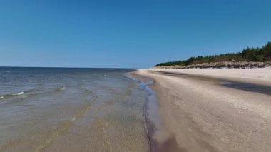 Litvanya, Palanga 'da sakin bir sahil, yumuşak dalgalar, kumlu kıyılar, kum tepeleri ve ormanlık bir zemin. Video kıyı şeridi boyunca yavaşça dönüyor..