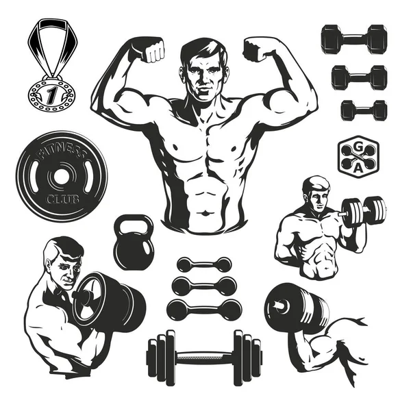 Tělocvična Fitness Prvky Nastaveny Logo Kulturisty Symbol Vektorová Ilustrace — Stock fotografie