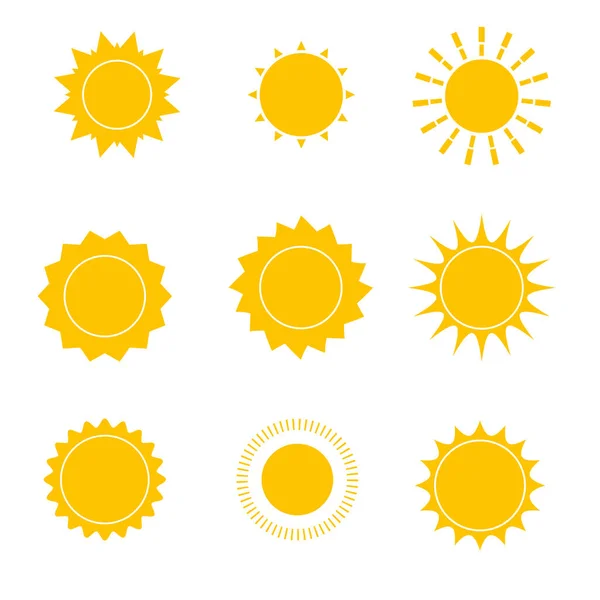 Güneş Ikonu Ayarlandı Sarı Güneş Yıldızı Ikonları Koleksiyonu Yaz Güneş — Stok fotoğraf