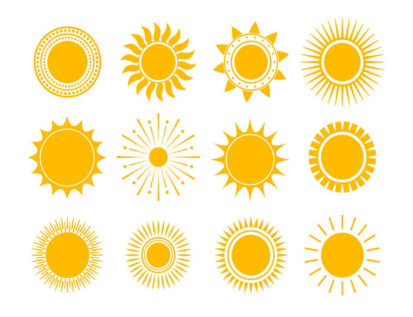 Sun icon set. Yellow sun star icons collection. Summer, sunlight, nature. isolated on white background. Vector illustration