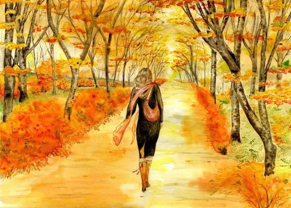Watercolor Lonely Girl Autumn Park — Stock Photo, Image