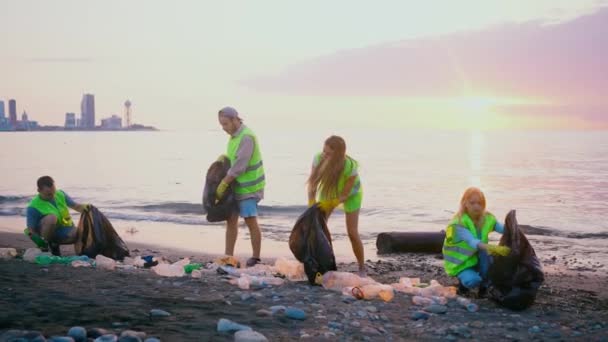 Squadra Positiva Volontari Che Puliscono Costa Del Mare Dalla Spazzatura — Video Stock