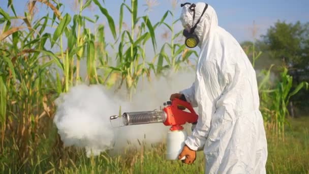 穿着防护服的工人熏蒸玉米以消灭害虫和昆虫 — 图库视频影像
