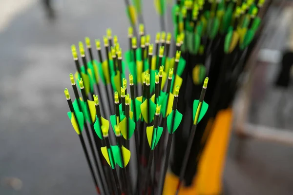 Colorful group of archery arrows shows fletching which are plastic vanes or feathers topped by the nocks which are the slotted plastic tips that snaps onto the string and holds the arrow in position.
