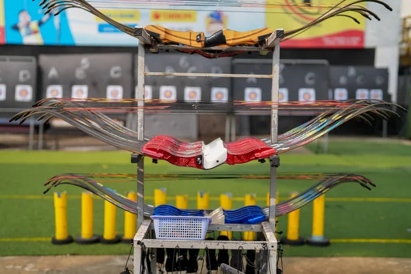 Stock image Close-up modern sport bow at shooting range for sports and entertainment. Selective focus