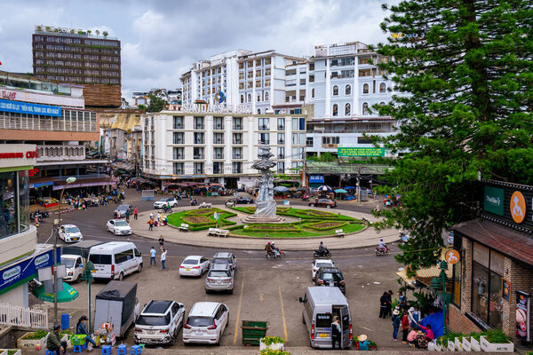Da Lat, Viet Nam - 3 June 2023: View from Da Lat Market in the morning, Traffic Center Landmark in Da Lat city, Da Lat is one of the tourist and entertainment cities in Vietnam
