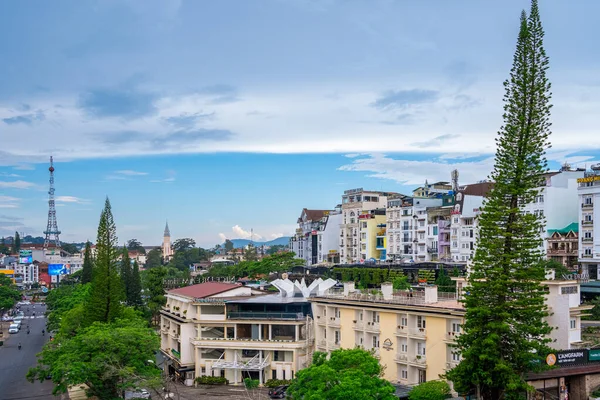 stock image Da Lat, Viet Nam - 3 June 2023: View from Da Lat Market in the morning, Traffic Center Landmark in Da Lat city, Da Lat is one of the tourist and entertainment cities in Vietnam