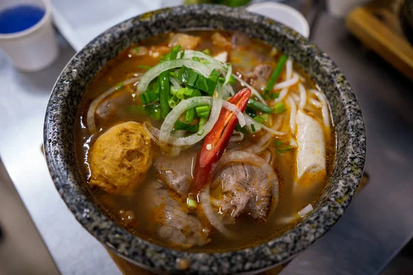 stock image Vietnamese spicy beef noodle soup - Bun Bo Hue - Vietnamese Cuisine. Selective focus