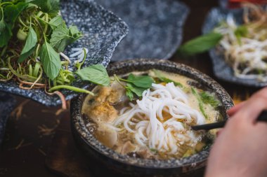 Bun Bo Hue, Bun Bo, Vietnam usulü etli şehriye çorbası. Bir kase sığır eti ve pirinç vermicelli çorbası, Vietnam, Hue 'da Vietnam eriştesi. Seçici odak