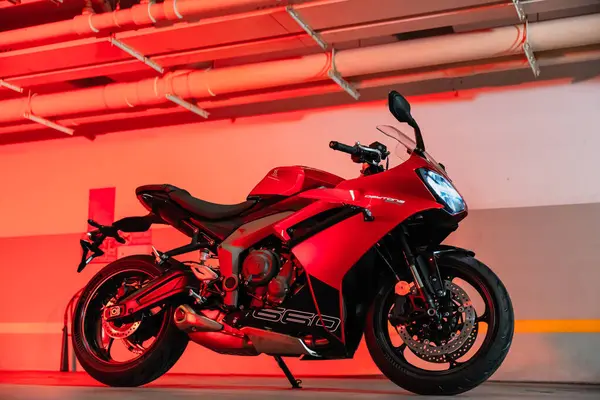 stock image Ho Chi Minh City, Vietnam - April 05, 2024: Triumph Daytona 660 motorcycle in the parking tunnel with LED lights