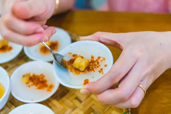 stock image Rice steam in small porcelain cup (banh beo), Vietnam food, Selective focus