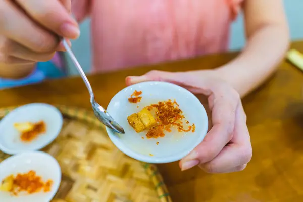 stock image Rice steam in small porcelain cup (banh beo), Vietnam food, Selective focus