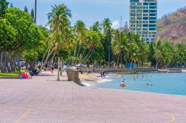 Vung Tau, VIETNAM 4 Mayıs 2024: Vietnam 'da dalgalar, kıyı şeridi, sokaklar, hindistan cevizi ağaçları ve Tao Phung dağları ile panoramik kıyı manzarası. Seyahat kavramı