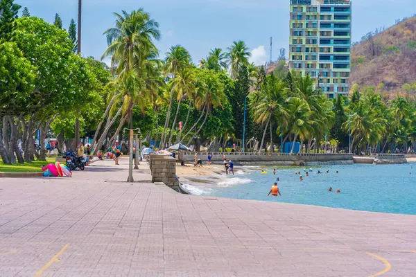 Vung Tau, VIETNAM 4 Mayıs 2024: Vietnam 'da dalgalar, kıyı şeridi, sokaklar, hindistan cevizi ağaçları ve Tao Phung dağları ile panoramik kıyı manzarası. Seyahat kavramı