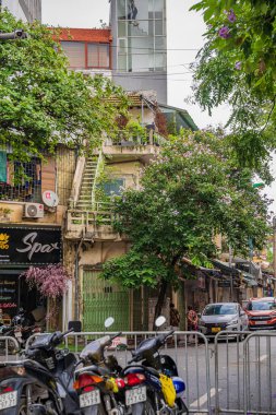 Hanoi, Vietnam - 26 Haziran 2024 Hanoi Eski Mahallesi Sokak Hayatı ve Dükkanları. Yürüyen cadde. Ha Noi Vietnam 'ın başkentidir..