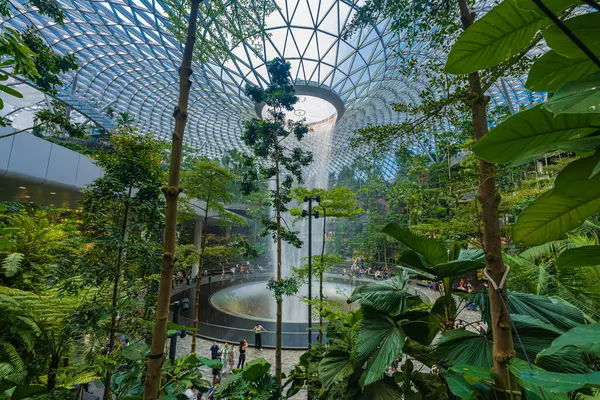 Singapur - 13 Haziran 2024: The Rain Vortex, Singapur 'daki Jewal Changi Havalimanı' nın içinde 40 metre yüksekliğinde bir kapalı şelale. Seyahat kavramı
