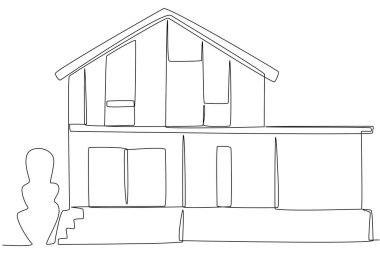 Üç katlı ağaçlı bir ev. Tek satırlık illüstrasyon.