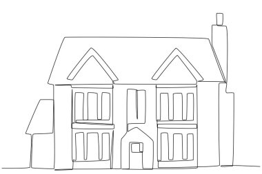 Üç katlı ağaçlı bir ev. Tek satırlık illüstrasyon.