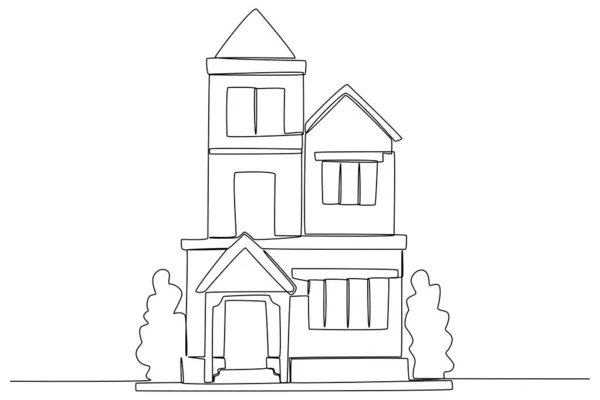 Ein Dreistöckiges Haus Mit Bäumen Einzeilige Illustration — Stockvektor