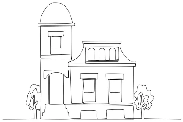 Una Casa Tres Pisos Con Árboles Vivienda Ilustración Una Línea — Archivo Imágenes Vectoriales