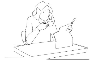 Bir kafede okuyan bir kız. Kahve dükkanı faaliyeti bir çizgi çizim