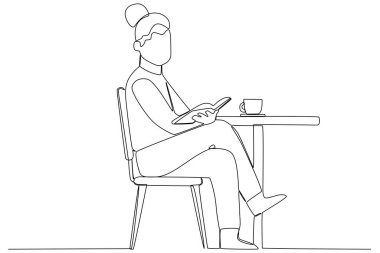 Kafeteryada kitap okumaktan zevk alan bir kadın. Kahve dükkanı faaliyeti bir çizgi çizim