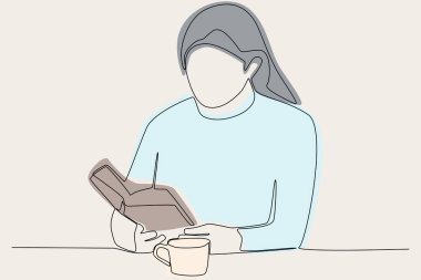 Kafede kitap okuyan bir kadının renkli bir çizimi. Kahve dükkanı faaliyeti bir çizgi çizim