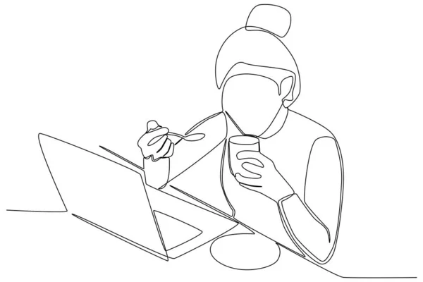 コーヒーを飲みながら働く女性 コーヒーショップアクティビティ オンラインドローイング — ストックベクタ