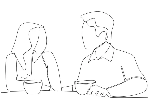 Hombre Mujer Hablando Sobre Café Cafetería Actividad Una Línea Dibujo — Archivo Imágenes Vectoriales