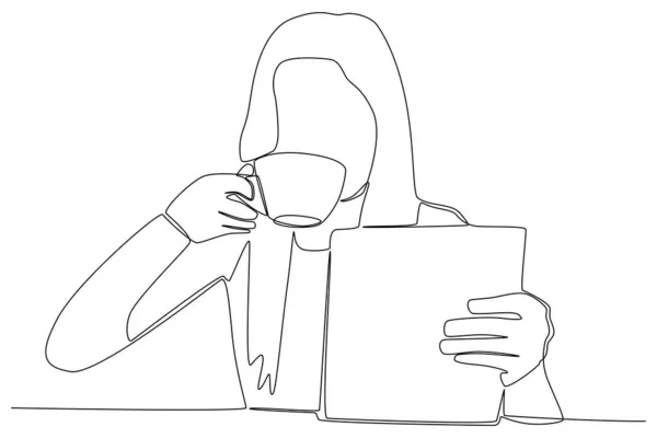 一个女人一边喝着咖啡一边看文章 咖啡店活动一线图 — 图库矢量图片
