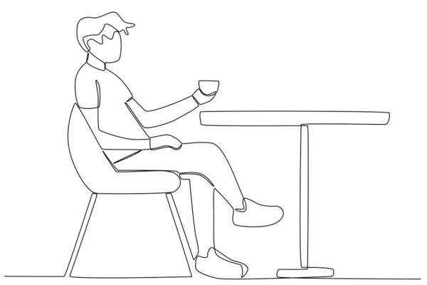 Mężczyzna Siedzący Zrelaksowany Przy Filiżance Kawy Aktywność Kawiarni Jeden Rysunek — Wektor stockowy
