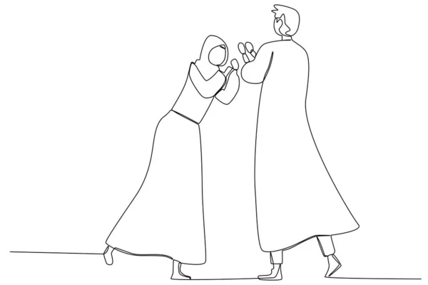 Dva Přátelští Muži Objímají Silaturahim Jednořádková Kresba — Stockový vektor