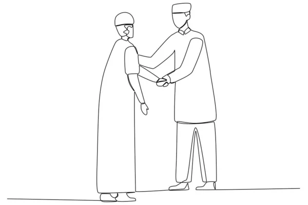 Zwei Freundliche Männer Umarmen Sich Silaturahim Einzeilige Zeichnung — Stockvektor