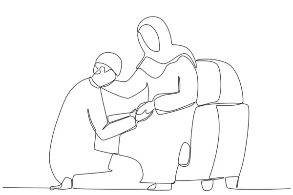 Zwei Freundliche Männer Umarmen Sich Silaturahim Einzeilige Zeichnung — Stockvektor