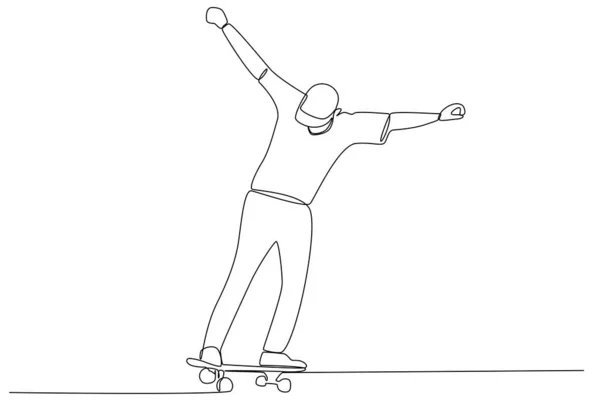 Homem Aprende Patinar Skateboarding Desenho Uma Linha — Vetor de Stock