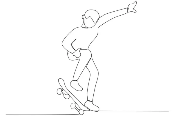 Uomo Impara Fare Skateboard Skateboard Disegno Una Riga — Vettoriale Stock