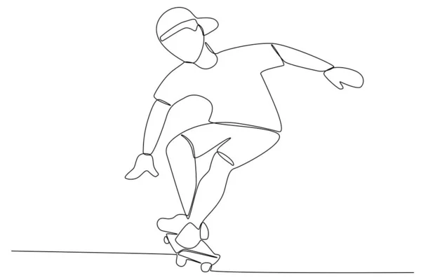 Een Man Leert Skateboarden Skateboarden Met Één Lijn Tekenen — Stockvector