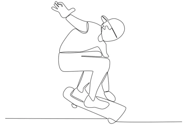 Homem Aprende Patinar Skateboarding Desenho Uma Linha — Vetor de Stock