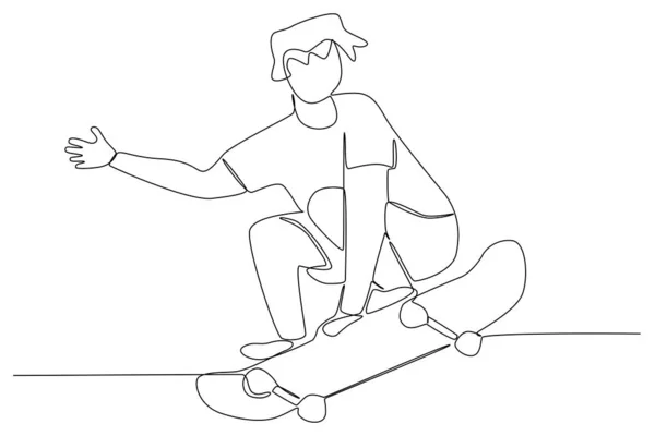Man Learns Skateboard Skateboarding One Line Drawing — Stock Vector