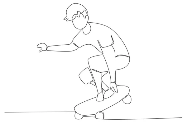 Hombre Aprende Patinar Skateboarding Dibujo Una Línea — Archivo Imágenes Vectoriales