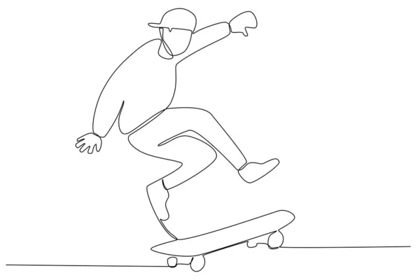 Homme Apprend Skateboard Skateboard Dessin Une Ligne — Image vectorielle