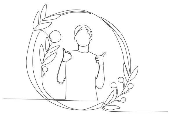 stock vector A man in a floral frame gave an okay pose with both hands. Floral frame one line drawing