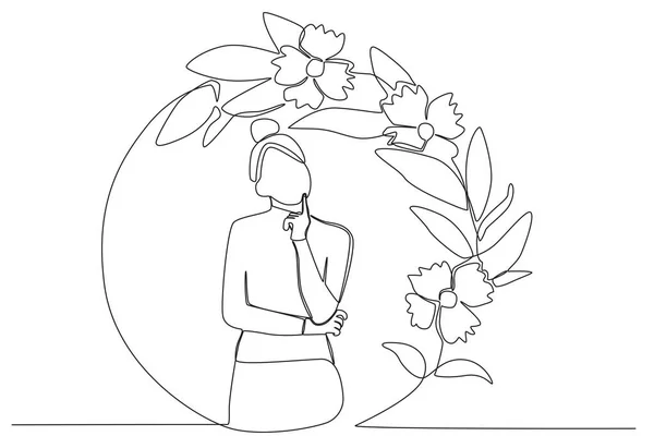 Çiçek Çerçeveli Bir Kadın Yan Tarafa Bakıyor Eli Çenesinde Çiçeksel — Stok Vektör