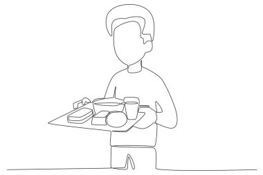 Bir anne çocuğunun okula gitmesi için öğle yemeği hazırlar. Okulda öğle yemeği çizimleri.